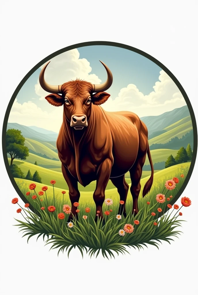 A CIRCULAR LOGO WITH THE IMAGE OF A BULL IN THE FIELD