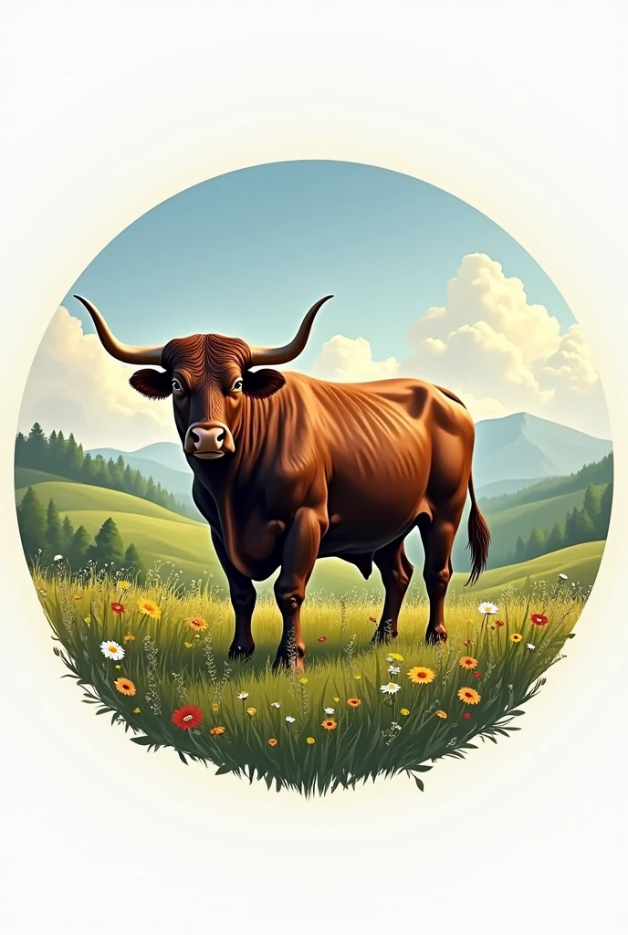 A CIRCULAR LOGO WITH THE IMAGE OF A BULL IN THE FIELD