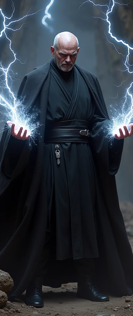 A man with a serious face in a black Sith suit looks at the camera, his arms are outstretched and lightning bolts fly out of them, his face expresses anger
