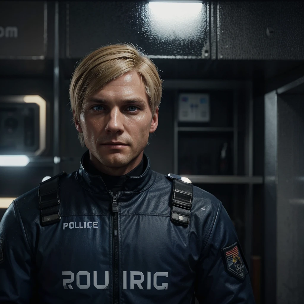 Make a man of 30 years old with the police officer suit of the videogame Detroit become human aiming with a gun to the camera, sad in a rainy night, he have blonde hair and a fringe haircut, he have a robotic hand and is handsome