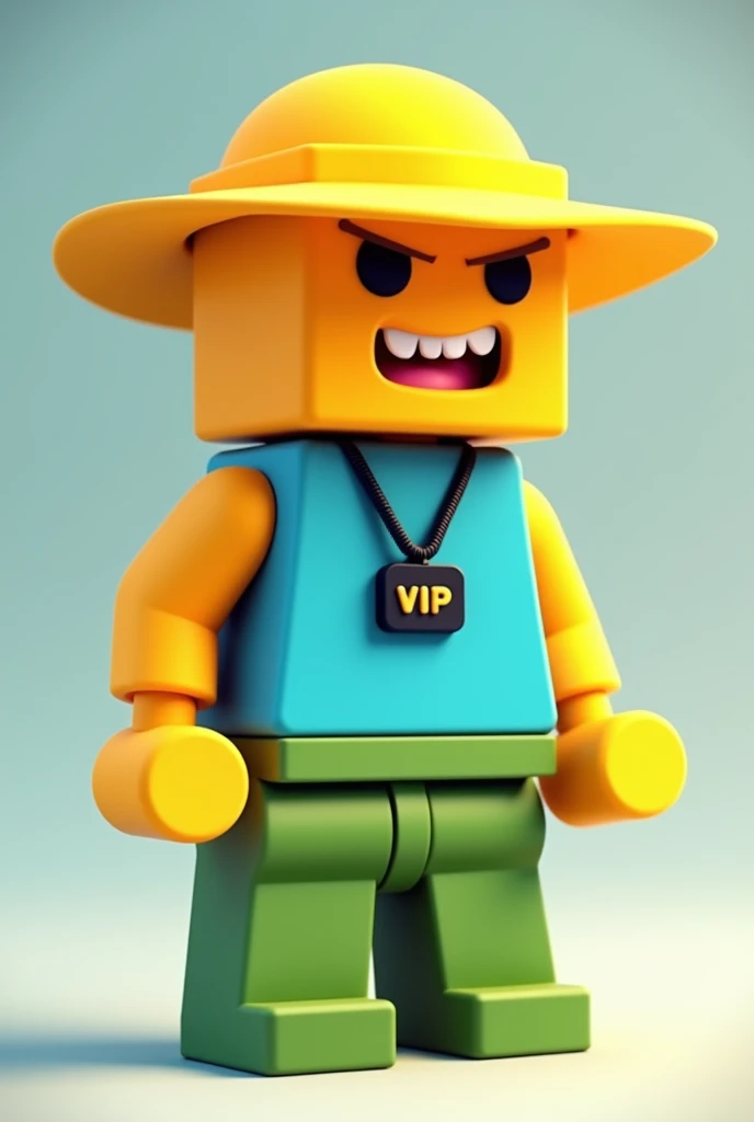 Here is a detailed description of the character:
1. **Form and structure**:
- The character has a square, block structure, typical for games with pixel graphics or LEGO-like construction sets. It has short, wide legs and large rectangular arms. The head is also square and proportional to the body..
2. **Color scheme**:
- **skin**: Bright yellow.
- **hat**: Large and wide-brimmed, Yellow, matching the character's skin color.
- **shirt**: Blue sleeveless top.
- **trousers**: Green and straight, Without unnecessary details.
3. **face**:
- **eyes**: Hidden behind black square sunglasses.
- **mouth**: sharp teeth are visible, giving the character a slightly menacing look, but at the same time it looks cartoonish.
4. **Accessories**:
- **NECKLACE**: There is a black cord hanging around the neck., to which is attached a black rectangular badge with the inscription "vip". This is the central element of the accessory., which makes the character stand out and gives him a prestigious look.
- **hat**: Big yellow hat, matching the character's skin color. It is an important element, adding individuality and completeness to the character's image.
5. **General atmosphere**:
- Персонаж выглядит как vip-гость, Maybe, at a beach party or in an exclusive club. Despite the menacing mouth with sharp teeth, Overall he remains cute and friendly thanks to his chibi style..
This is a character with a unique combination of menacing and cute appearance., Standing out with its accessories and bright colours.