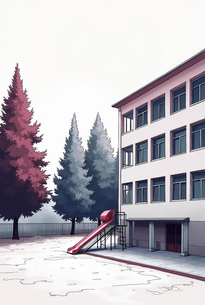 A drawing in which there is a building in a corner of the image that has many windows, a slide and trees next to it must be in the trichrome technique:3 colors are the only ones you should use in the entire image that do not look very similar, only a part of the building should be seen since it is on one side of the drawing on the right side.)
In TRICHROMY It is a school
