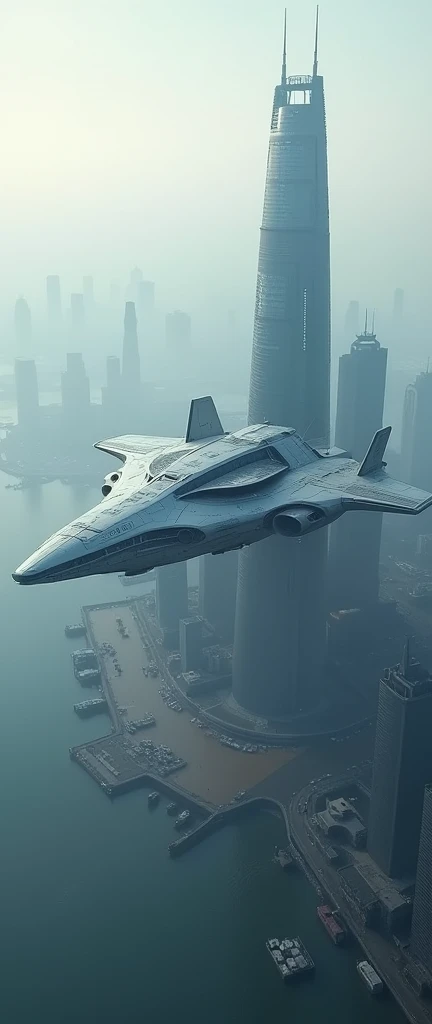 Future city seen from an airplane:1.5,fog,port,Flying Spaceship,Skyscraper,masterpiece,Highest quality,Ultra-high resolution,(Very detailed:1.2),8k,Realistic,Best aesthetics,beautiful