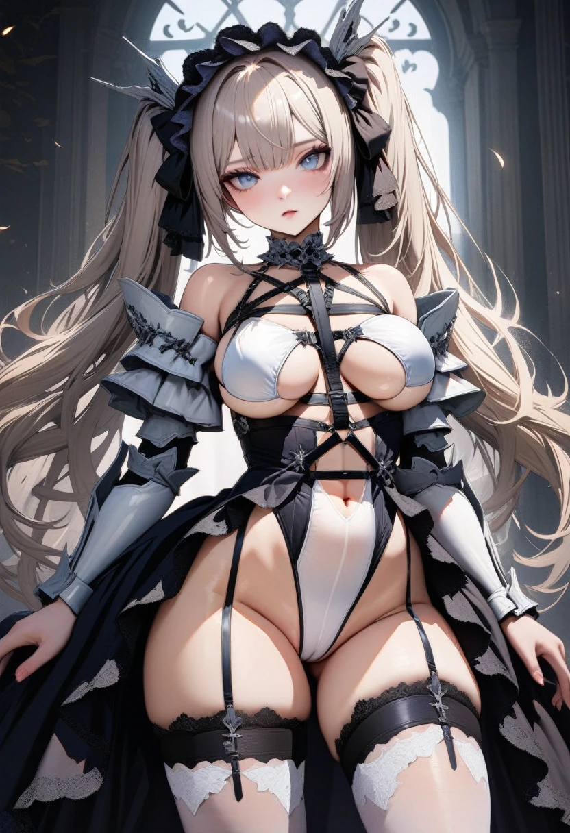 ((solo)),1girl,Azur Lane,Fantasy art,((White Paladin Armor Leotard:1.2)),((Gothic ta Princess Dress:1.3)),(Armored Dress:1.3),(skin-tight high leg groin area),(Skin-tight See-through stockings leotard),shibari harness,platinum blonde long Twin tails hair,Large breasts,Underboob cutout,Perfect and beautiful blue eyes,curvy,Thigh-high sock,perfect face,(cameltoe:0.8),((UHD)),((masterpiece)),8k,hyperrealistic,cowboy shot,anatomically correct,accurate,high quality,extremely detailed,