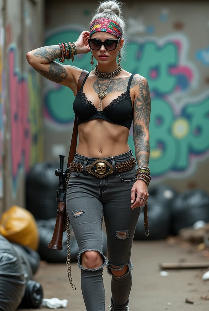 russian old milf woman,  grey hair (bouffant, top bun) and oversized square sunglasses and wide  colourful bandana as headband, with very light green eyes, extremely pale. Big lips.  Black lace push up bra, silicone breast,, dark worn skinny low rise grey jeans with holes on knees ( patched with colourful fabric). White tennis sneakers. Lots of thick wide studded bracelets, chain collars and big rings. Tacky wide studded leather belt with big skull and bones oval buckle. Long earrings with chains and feathers. Walking with one hand up touching her hair, the other holding an ak47. stretching her neck, craving., Neck, chest, stomach and wrists heavily tattoed. Toned abdominals, thin neck, slim legs and thin arms. Narrow hips Graffitied wall behind, waste on the ground and piled garbage bags around