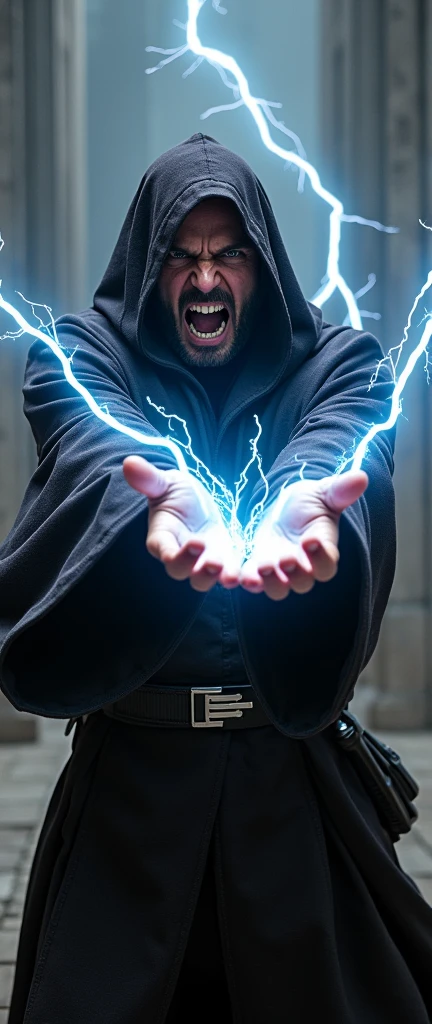 A man shouts in anger at the camera. He is dressed in dark Jedi clothing and shoots lightning bolts from both hands at the camera.