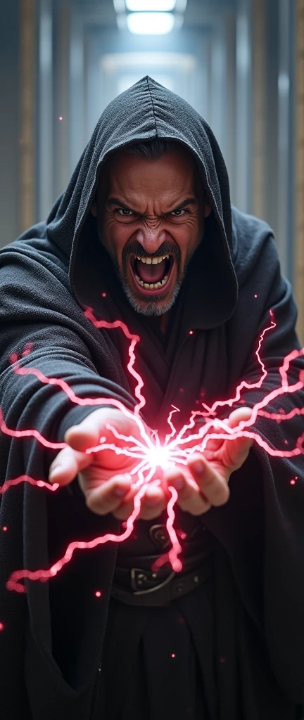 A man shouts in anger at the camera. He is dressed in dark Jedi clothing and shoots lightning bolts from both hands at the camera.