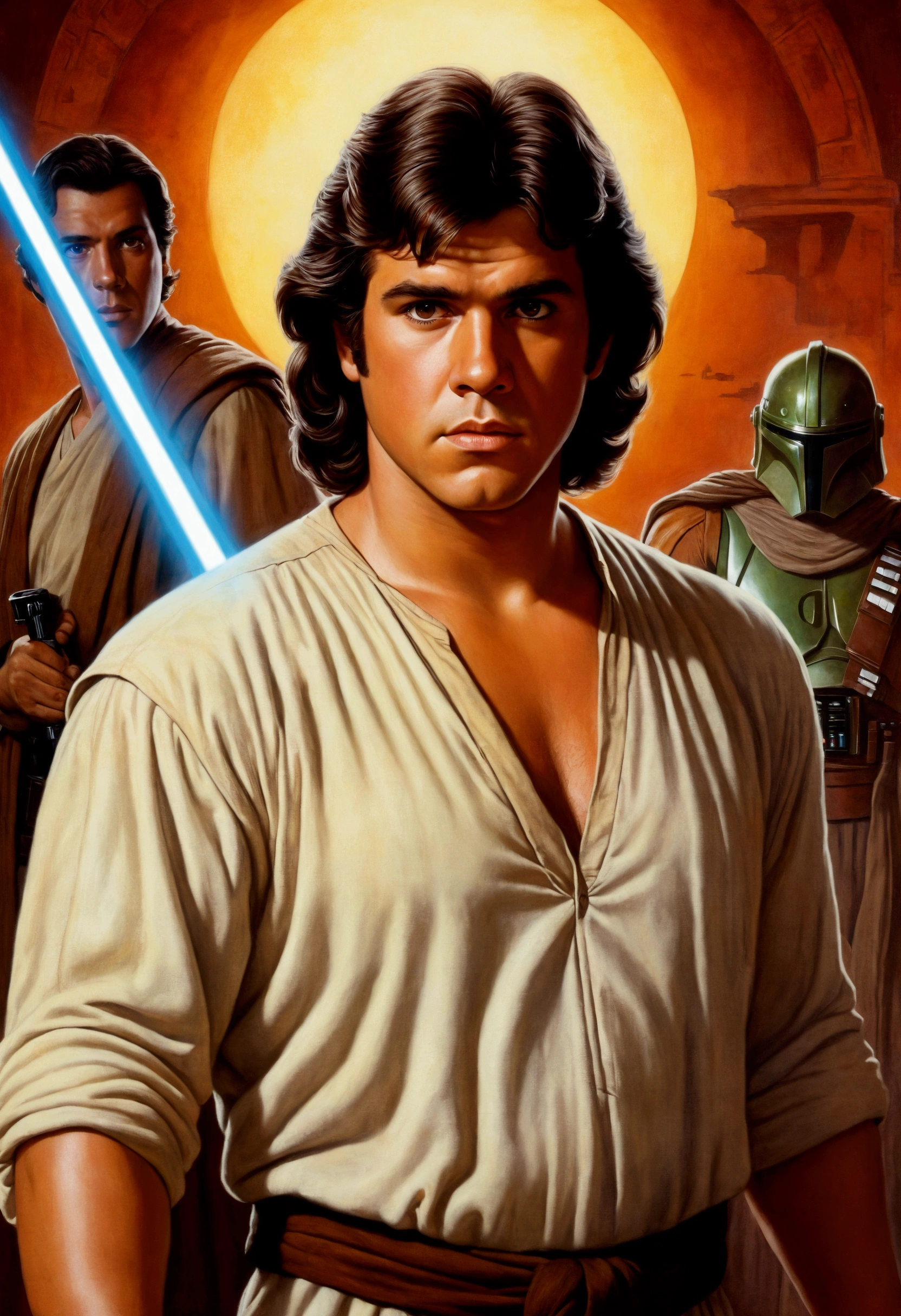 An illustrated movie poster, hand-drawn, full color, a young Jedi, 18-years-old, male, wearing a tunic shirt, portly figure, broad shoulders, muscular, hairy body, lost of body hair, brown eyes, brown-black hair, curly voluminous mane, sun-tanned skin, resembles Lou Ferrigno, standing in a seedy cantina, graphite shading, stencil marks, airbrushed acrylic paint, masterpiece, in the style of Drew Struzan