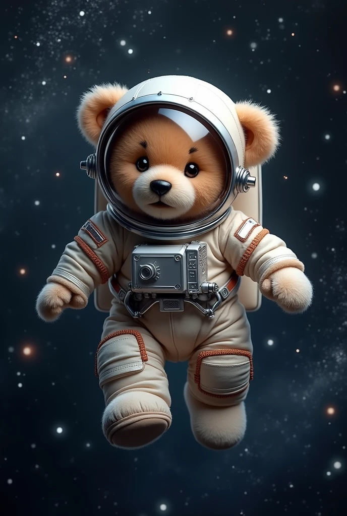 Astronaut Teddy Bear Cub: A teddy bear cub wearing a spacesuit, floating in space with a bright visor and stars all around. The metallic finish enhances the costume's shine and stellar effect.