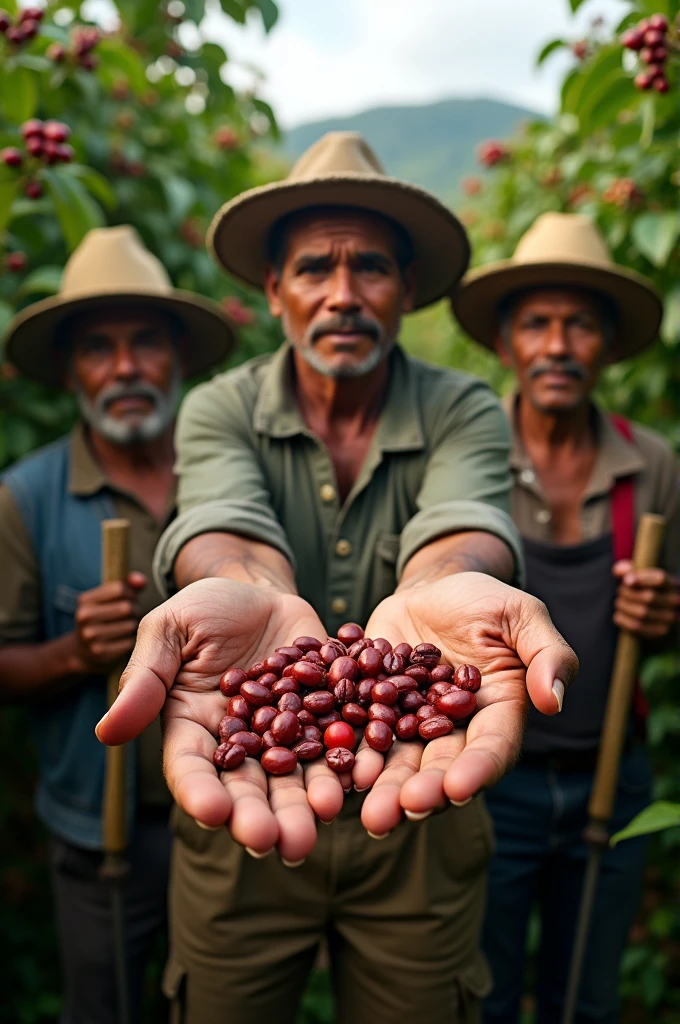 Colombian farmers holding a few beans on sticks in a coffee field and a headline highlighting the coffee crisis 