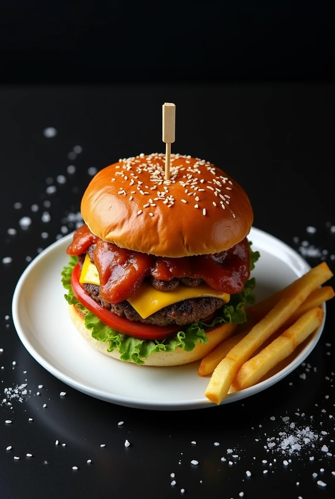 A burger from an overhead perspective on a white plate with several salted fries off the plate on a black background