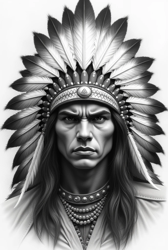 Front-Side, centered potrait, young red indian chief, angry, big feather hat, black and white drawing. Clear background, simple, fit to image, faded downward 
