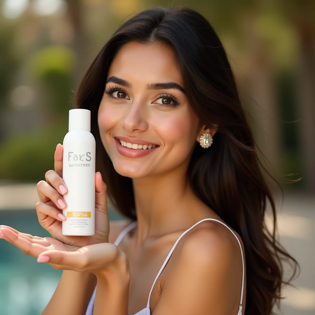 beautiful pakistani model holding sunscreen 50 ml in her hand, 