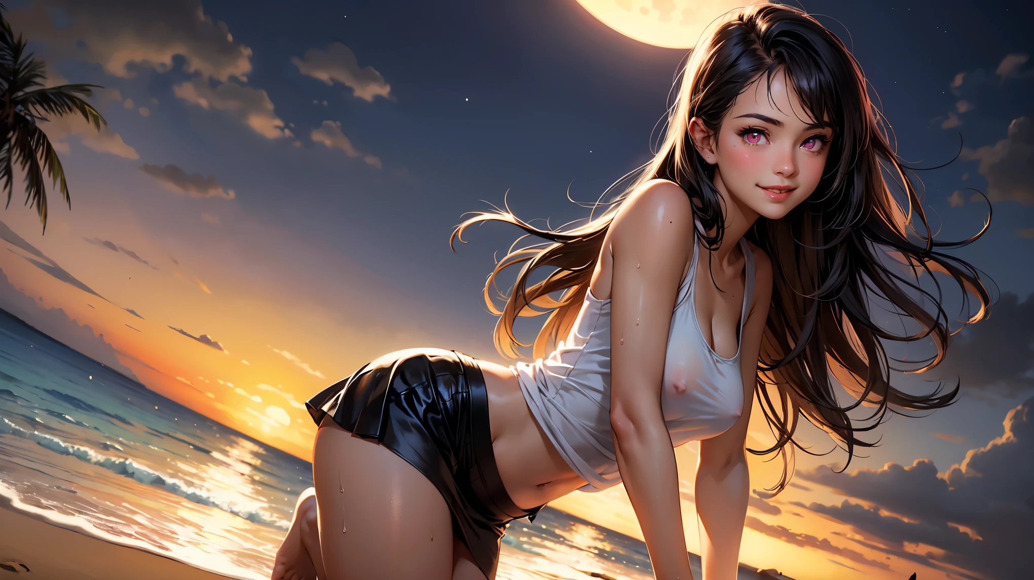 realistic, 1 girl, long hair, pink eyes, glowing eyes, tank top, see through, mini skirt, big smile, blush, night, perfect, beach, moon, camel toe, wet, naked girl,