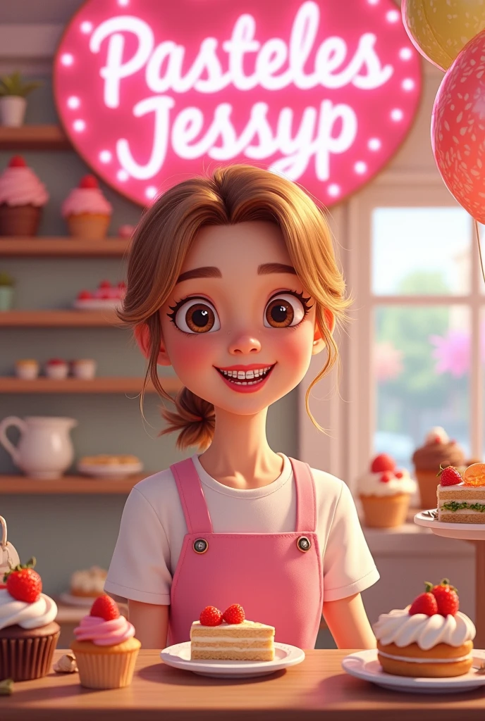 Pastry girl, light brown skin color, smiling with braces on teeth, with golden balayage, with the sign “Pasteles JessyP” in pink flowery letters, Pink colour, around cakes, cupcakes, whipping balloon