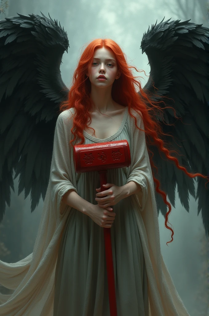 young angel, on the brink of death, long red hair, skin fair, Black Wings, holding a big red hammer.