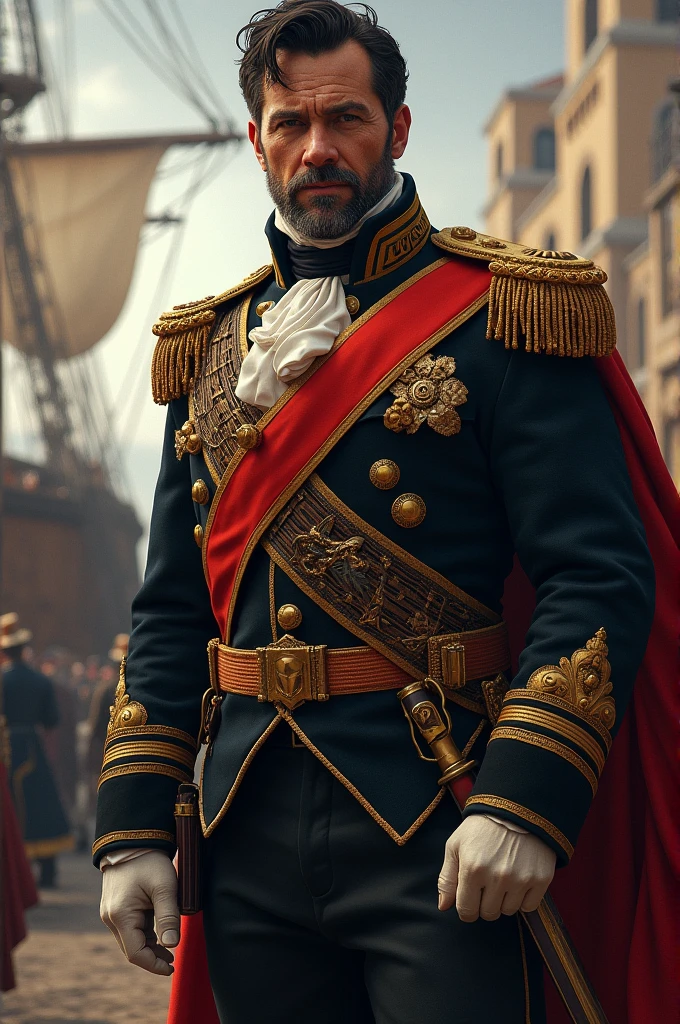 Create an image of a Spanish captain in 1819. He is 40 years old and has hair. He has an imposing figure.