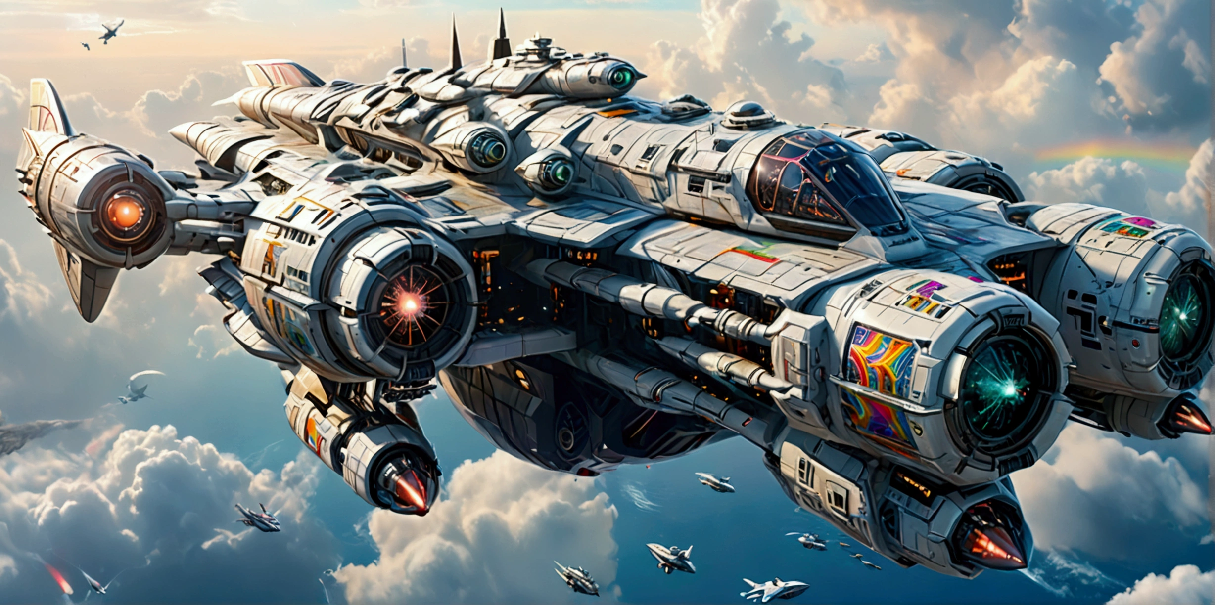 (best quality,ultra-detailed,realistic:1.37), A long wide giant heavily armored divine futuristic flying all terrain biomechanical space battleship covered in rainbow batik pattern and glowing javanese runic symbols, (multiple retractable cybernetic spider legs with wheels on the tips), divine halo, flying hovercraft, flying submarine, flying aircraft carrier, flying hotel, flying resort, flying city, flying skyscraper, flying cruise ship, flying yacht, flying castle, flying military base, multiple thrusters, multiple helipad, multiple propeller, mobile headquarters, mobile command center, automatic turrets, missile banks, missile defense system, multi-port rear engine arrays, large pivoted missile pods, anti-air batteries, reactive armour over vital spaces, VTOL thrusters, ventral ground-facing VTOL thruster bays, retractable center cannon, super carrier, sky carrier, space station, floating city, floating castle, white background