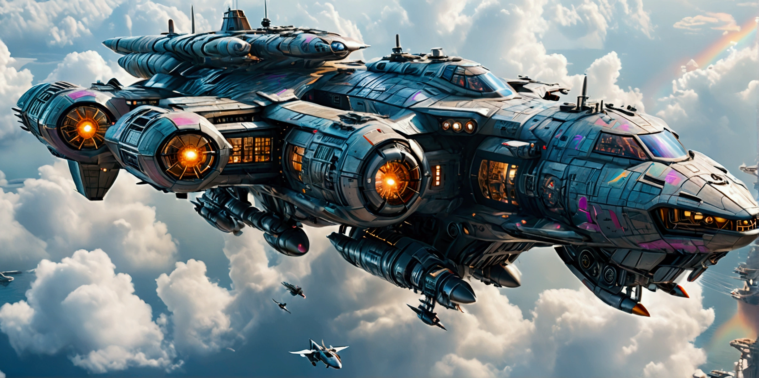 (best quality,ultra-detailed,realistic:1.37), A long wide giant heavily armored divine futuristic flying all terrain biomechanical space battleship covered in rainbow batik pattern and glowing javanese runic symbols, (multiple retractable cybernetic spider legs with wheels on the tips), divine halo, flying hovercraft, flying submarine, flying aircraft carrier, flying hotel, flying resort, flying city, flying skyscraper, flying cruise ship, flying yacht, flying castle, flying military base, multiple thrusters, multiple helipad, multiple propeller, mobile headquarters, mobile command center, automatic turrets, missile banks, missile defense system, multi-port rear engine arrays, large pivoted missile pods, anti-air batteries, reactive armour over vital spaces, VTOL thrusters, ventral ground-facing VTOL thruster bays, retractable center cannon, super carrier, sky carrier, space station, floating city, floating castle, white background
