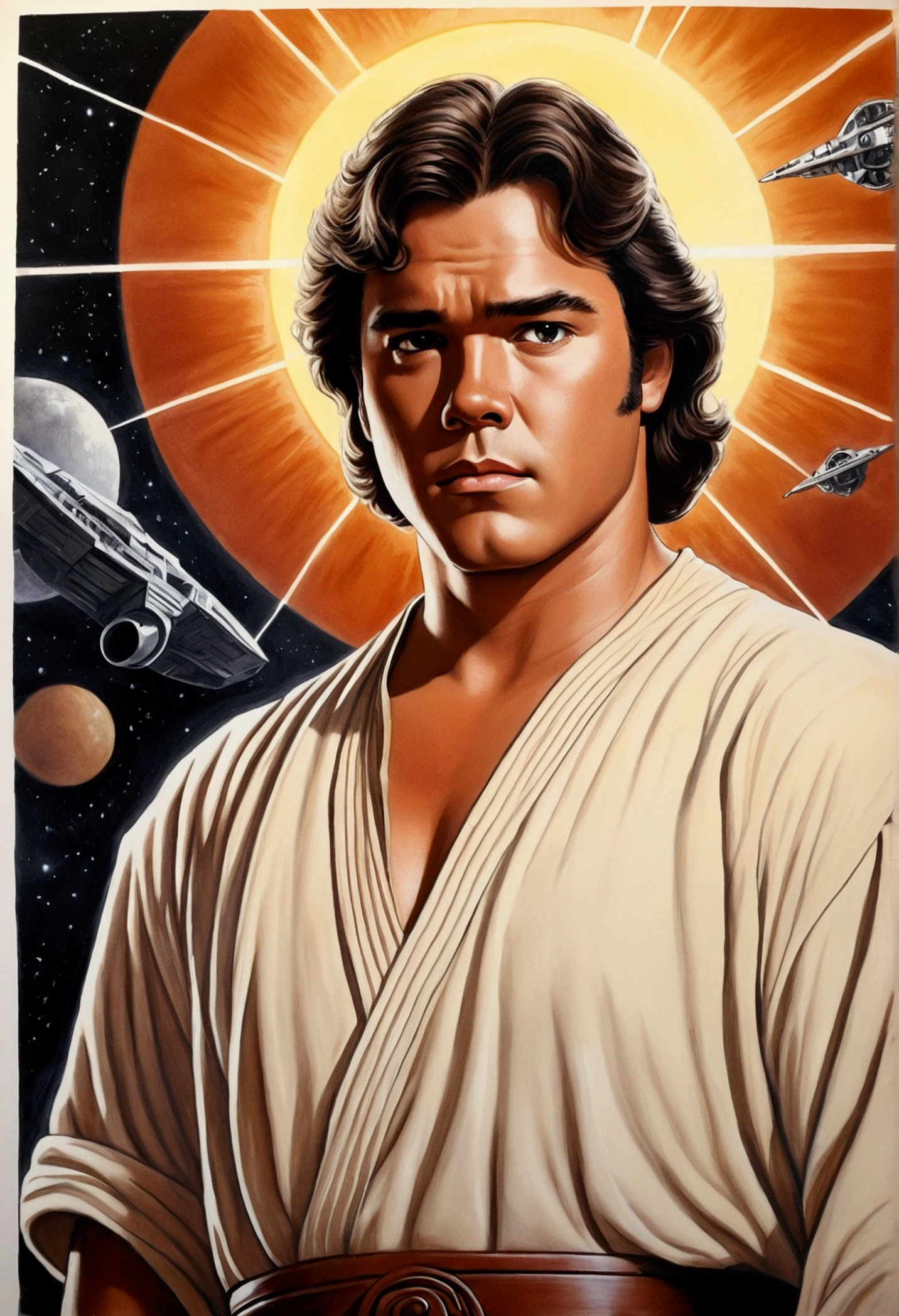 An illustrated movie poster, hand-drawn, full color, a young Jedi, 18-years-old, male, wearing a tunic shirt, portly figure, broad shoulders, muscular, hairy body, lost of body hair, brown eyes, brown-black hair, curly voluminous mane, sun-tanned skin, resembles Dean Cain, standing in a seedy cantina, graphite shading, stencil marks, airbrushed acrylic paint, masterpiece, in the style of Drew Struzan