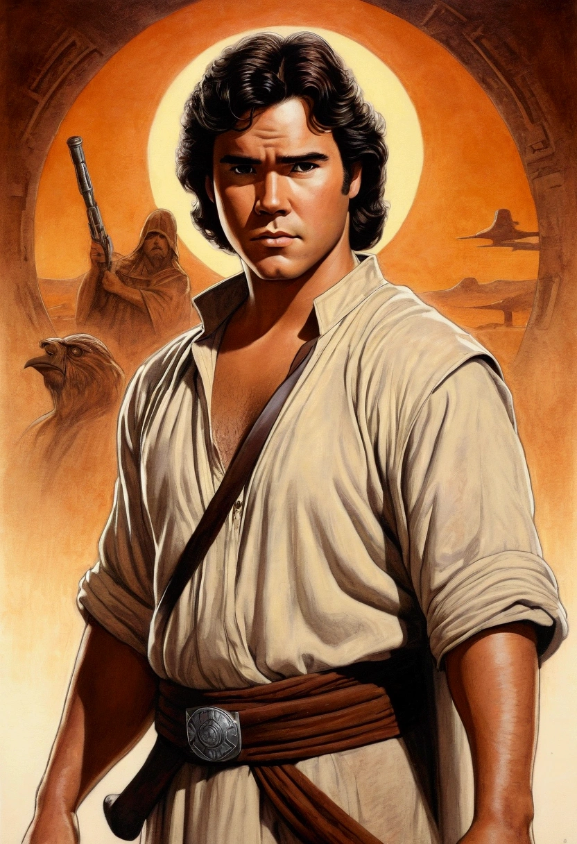 An illustrated movie poster, hand-drawn, full color, a young Jedi, 18-years-old, male, wearing a tunic shirt, portly figure, broad shoulders, muscular, hairy body, lost of body hair, brown eyes, brown-black hair, curly voluminous mane, sun-tanned skin, resembles Dean Cain, standing in a seedy cantina, graphite shading, stencil marks, airbrushed acrylic paint, masterpiece, in the style of Drew Struzan
