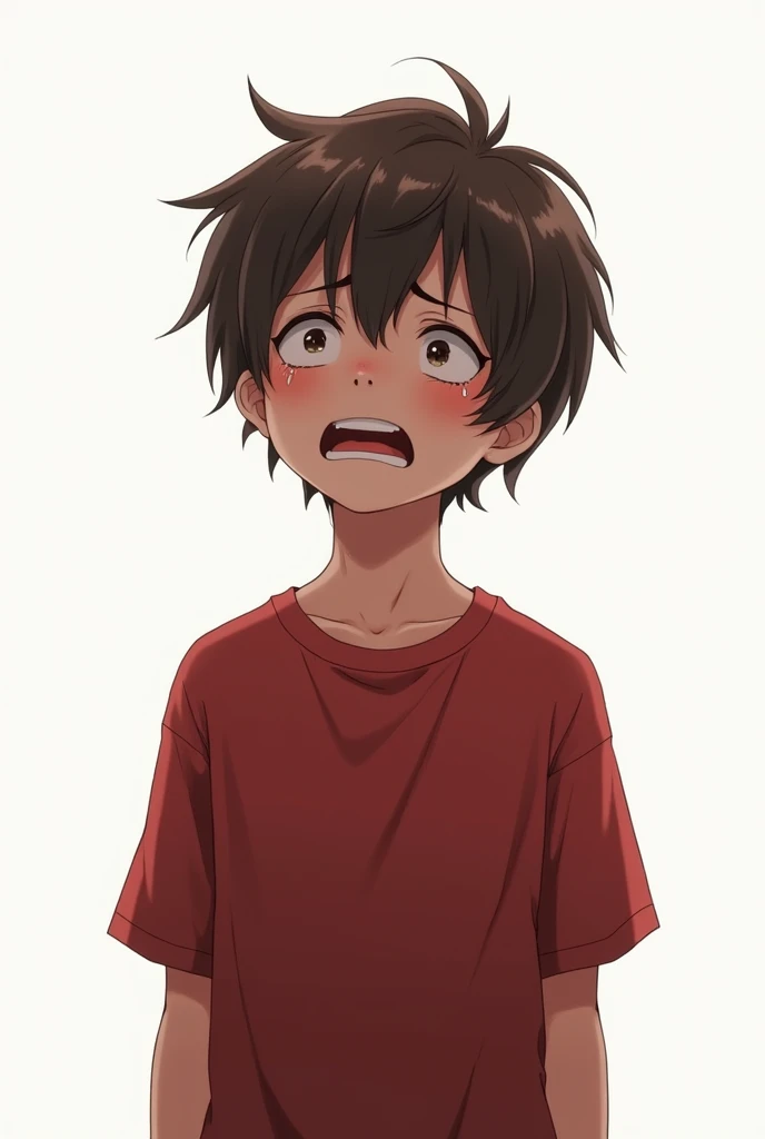 Full body boy crying on white background with red shirt 