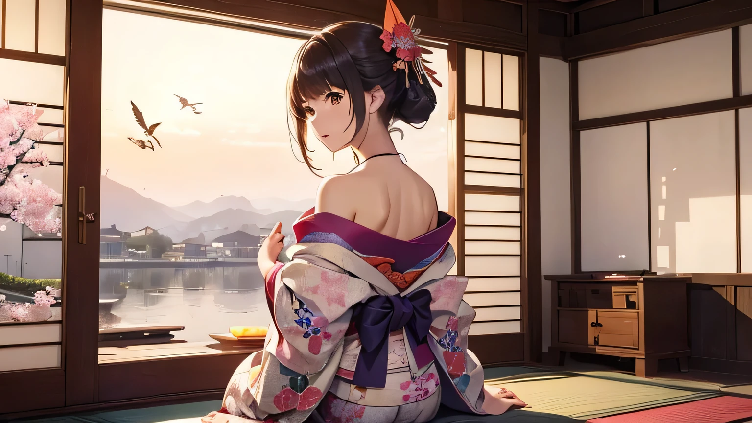 ((Highest quality)), ((masterpiece)), (detailed), One person, Off-the-shoulder sweater, Twelve-layered kimono、Sakura-colored kimono、Back view、Lantern、Twilight、Tatami room、Origami Crane