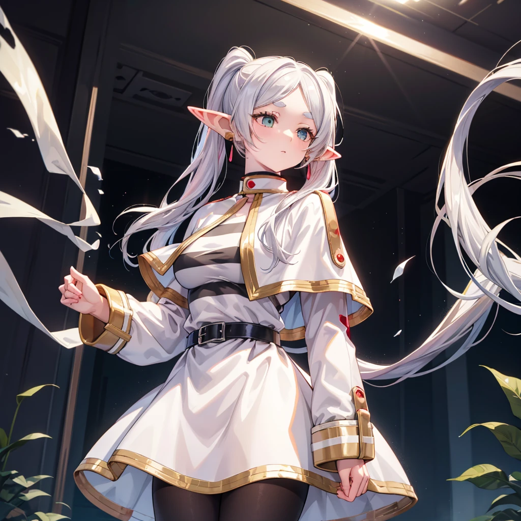 aafrie, long hair, white hair, twintails, pointy ears, earrings, thick eyebrows, white capelet, striped shirt, long sleeves, belt, white skirt, black pantyhose, 1girl, solo, breasts, medium breasts standing, realistic, inside a stomac, vore , scared, stomach acid