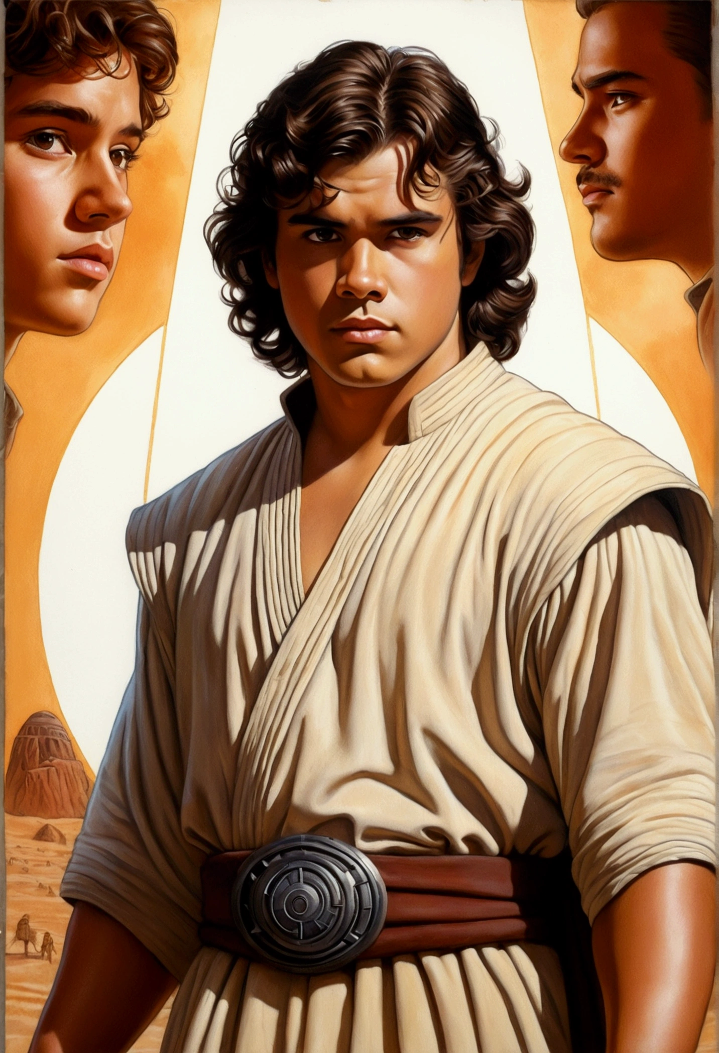 An illustrated movie poster, hand-drawn, full color, a young Jedi, 18-years-old, male, wearing a tunic shirt, portly figure, broad shoulders, muscular, hairy body, lost of body hair, brown eyes, brown-black hair, curly voluminous mane, sun-tanned skin, resembles Gavin Leatherwood, standing in a seedy cantina, graphite shading, stencil marks, airbrushed acrylic paint, masterpiece, in the style of Drew Struzan