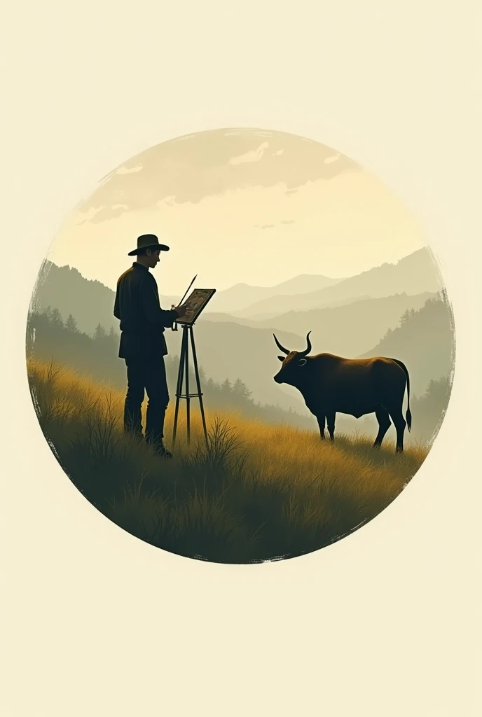 A CIRCULAR LOGO WITH AN ARTIST PAINTING THE SHADOW SILHOUETTE OF AN OX IN THE FIELD