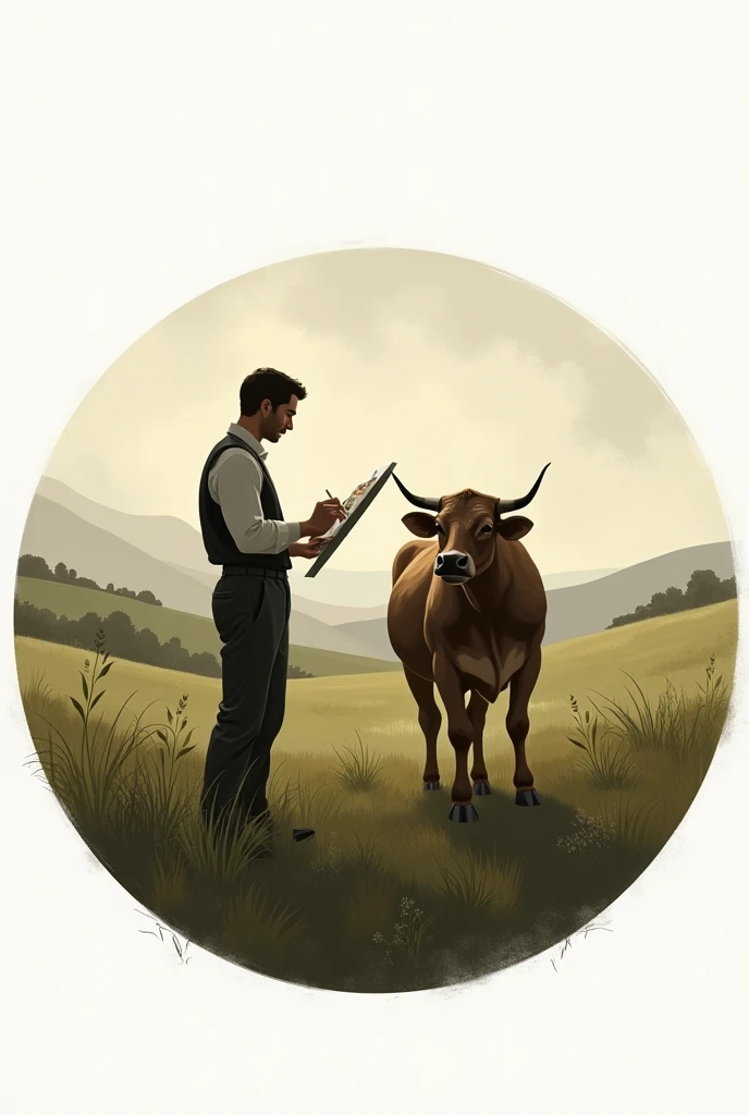 A CIRCULAR LOGO WITH AN ARTIST PAINTING THE SHADOW SILHOUETTE OF AN OX IN THE FIELD