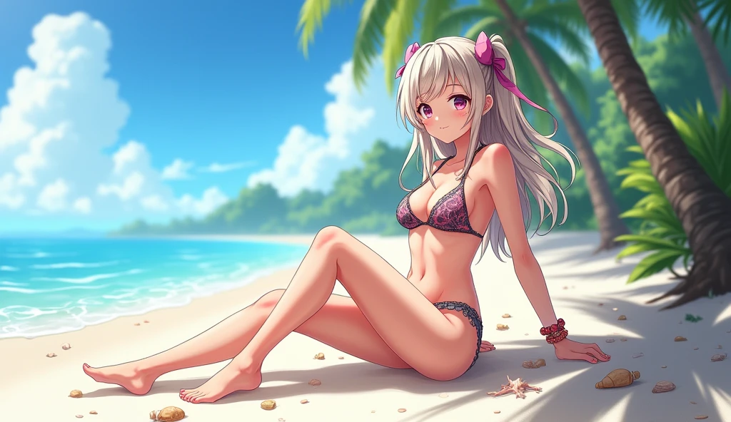 Anime girl showing his feet on the beach in bikini