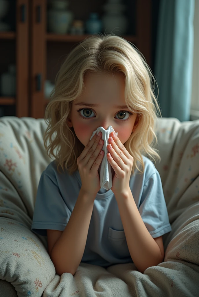 blonde woman with allergy blowing her nose in front of a dusty sofa. place blue elements.