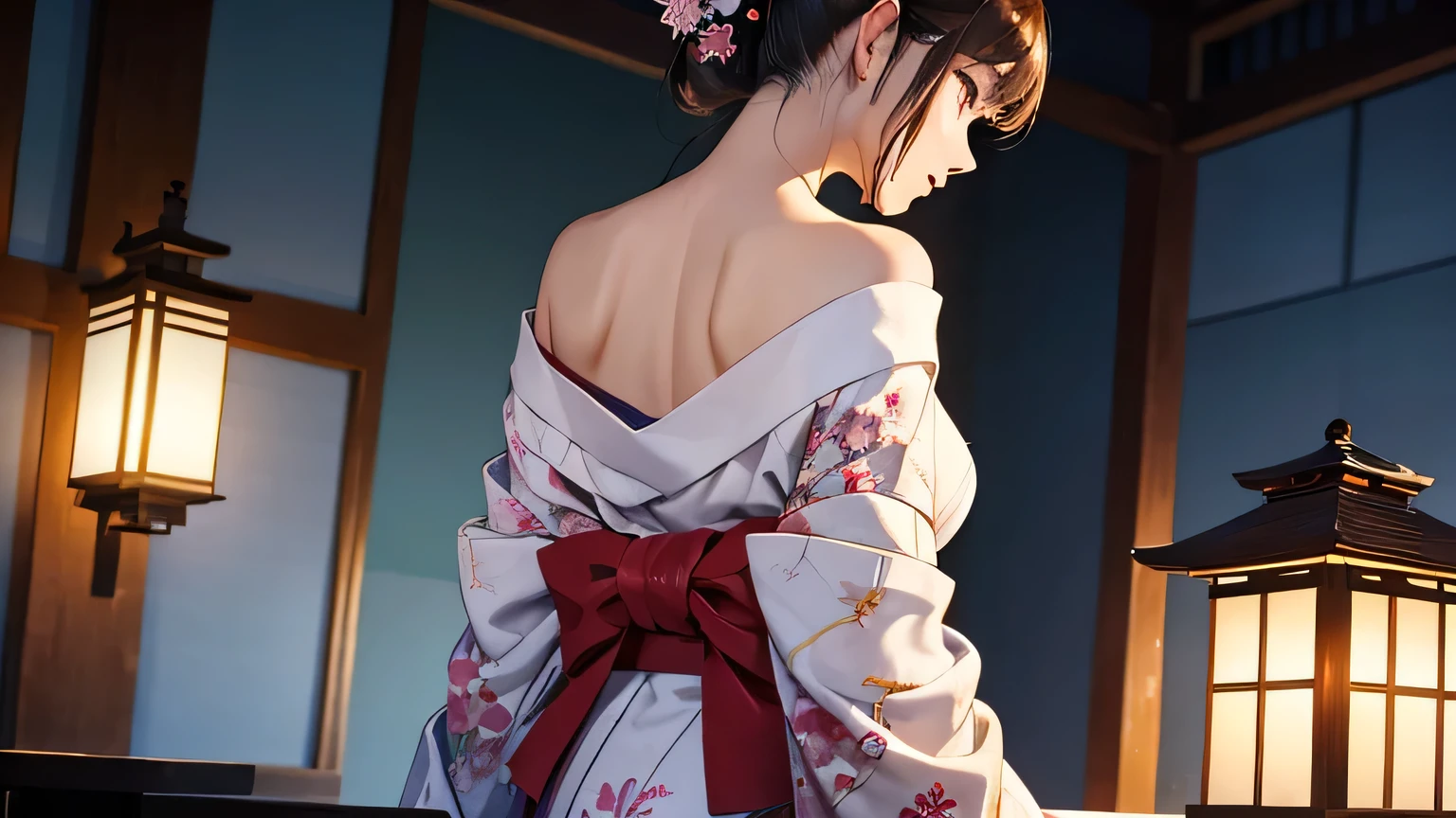 ((Highest quality)), ((masterpiece)), (detailed), One person, Off-the-shoulder sweater, Twelve-layered kimono、Sakura-colored kimono、Back view、Lantern、Twilight、Tatami room、Origami Crane