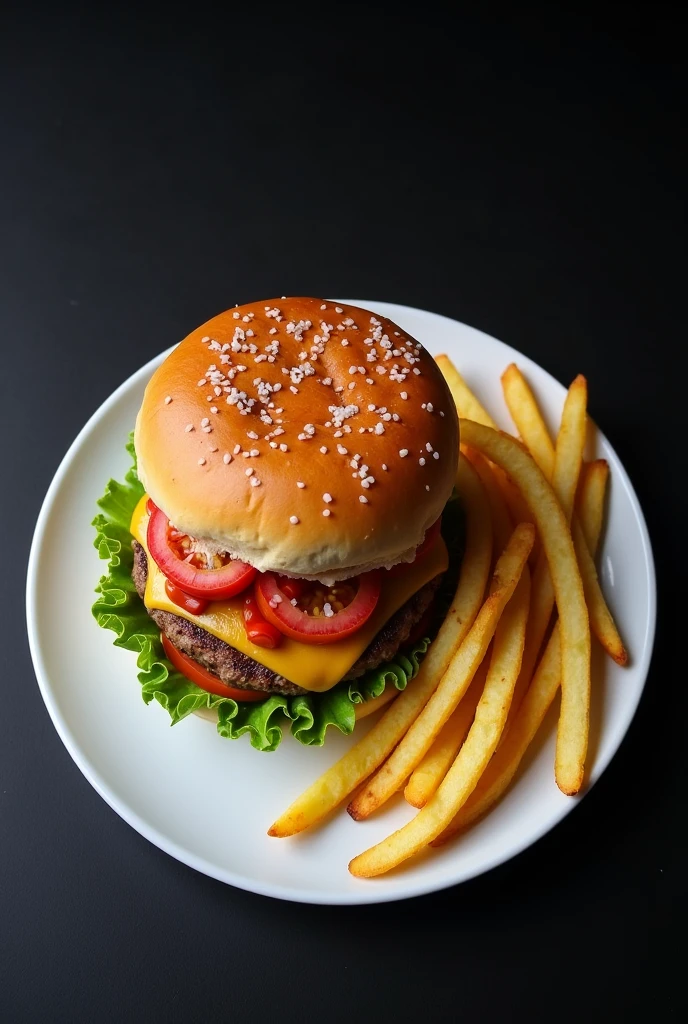 A burger from an overhead perspective on a white plate with several salted fries off the plate on a black background
