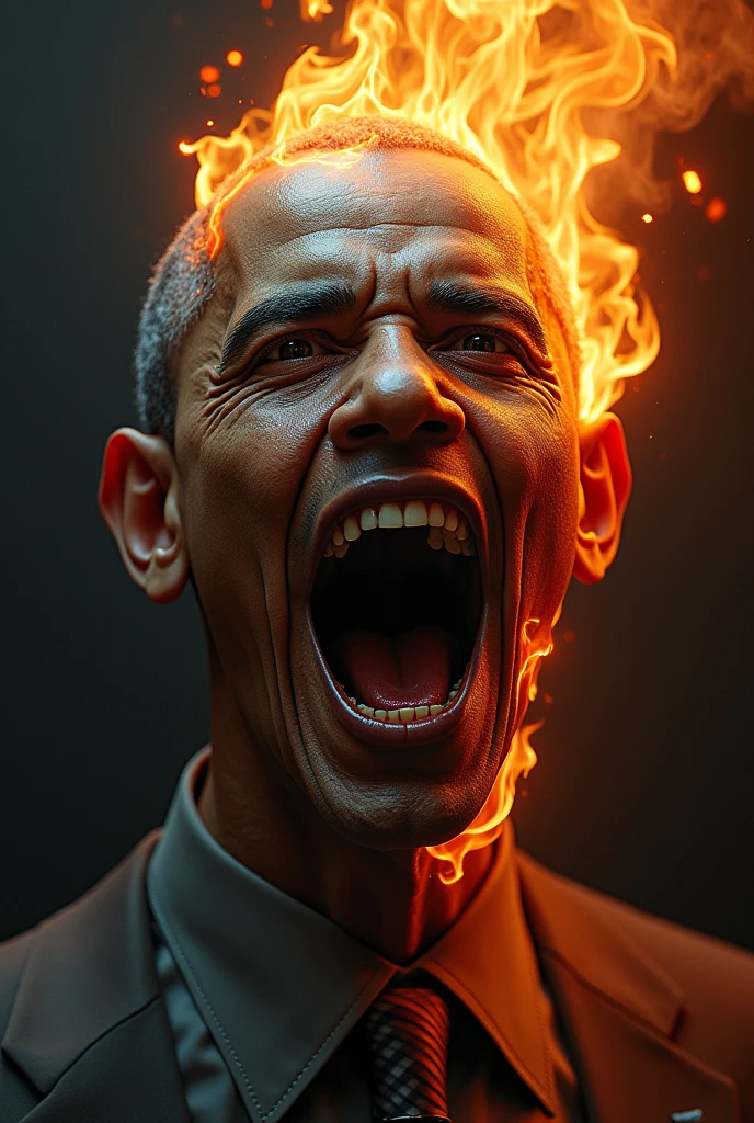 Barack Obama on fire, with his face melted and nocked out