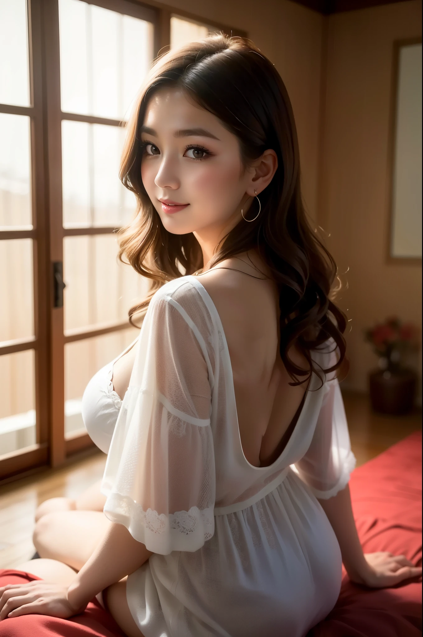 ((Highest quality, 8k, masterpiece)), Very detailed, Sharp focus, ((Ultra-realistic photos:1.5)), One beautiful woman, ((Cute Face)), the 50s, (Huge breasts), ((Long cleavage)), Plump figure, ((constricted waist)), (Huge ass), Very detailed face and skin, ((Beautiful chubby lips:1.2)), ((Beautiful and delicate brown eyes:1.4)), long eyelashes, eye shadow, Earrings, necklace, Sexy chemise, In an old Japanese-style room, half open mouth, gentle smile,