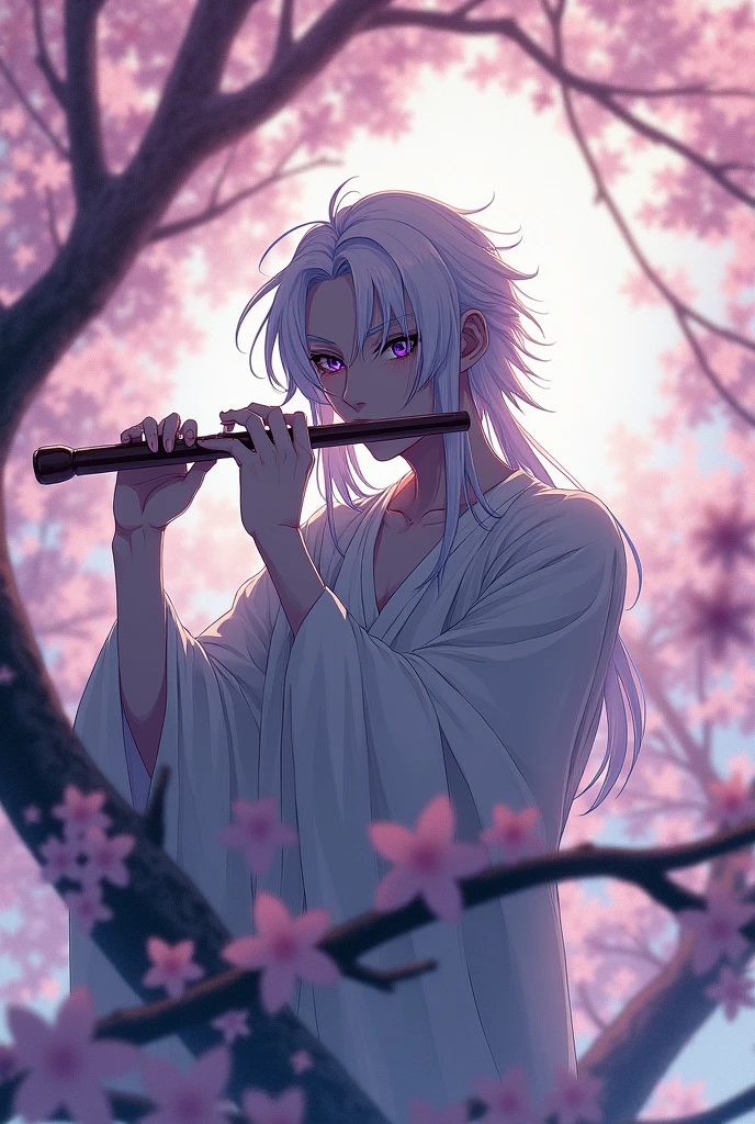 A 20-year-old boy pale as snow, long white hair with violet eyes, playing the flute on top of a cherry blossom branch jojo bizarre adventures style

