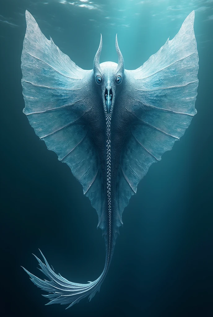 Aqualythra is a creature that defies understanding. Its body has the elegance of a manta ray., with smooth, shiny skin that changes color depending on the depth of the water in which it is found, from deep blue to shimmering silver. Its wings are huge and translucent., like veils of water that gracefully unfold around you, allowing it to navigate both the skies and the ocean currents.
Its head is that of a marine predator, with jaws full of sharp teeth and large, luminous eyes that seem to contain within them a fragment of all the tides. Along its spine, which extends to the end of its long tail, fins that resemble the feathers of a seabird rise up, Vibrant and sharp as coral blades.