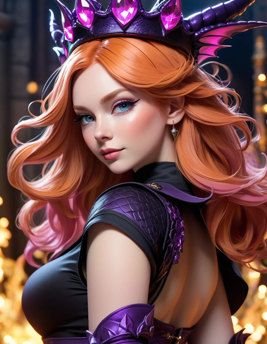 a close up of a hyperrealistic woman wearing a witch hat, dragon crown, dragon queen, key art, official artwork, black witch hat, crown of (pink lasers), like a crown, gothic, dragon's crown girl, thorn crown, dark purple crown, high detailed official artwork, beautiful elegant demon queen, official anime artwork, gts, giantess, orange ginger hair. smirk. smug. seductress. dolphin shorts. behind view. wide hips. big ass. curvy. behind view. naked ass.