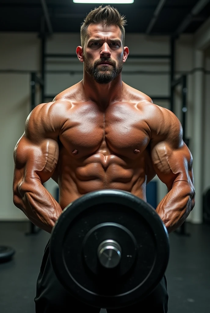 Strong man holding gym weight