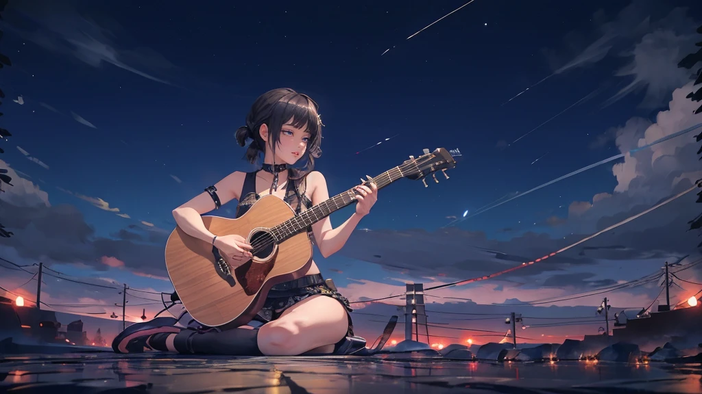 masterpiece,night,(dark alley),star、Night evening Sky、milky way、octone、
(1. Female), (solo), Knee hugging sitting,acousticguitar