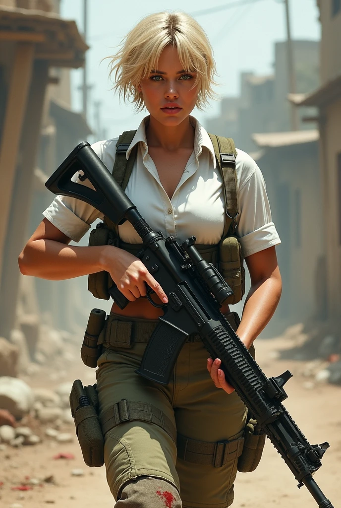 Caucasian Chica, Short blonde hair, blue eyes, high, strong, big legs and thick thighs, with white blouse, camouflage pants, and military boots, with a gun in his hand, stained with blood. with dirt on clothes. backwards