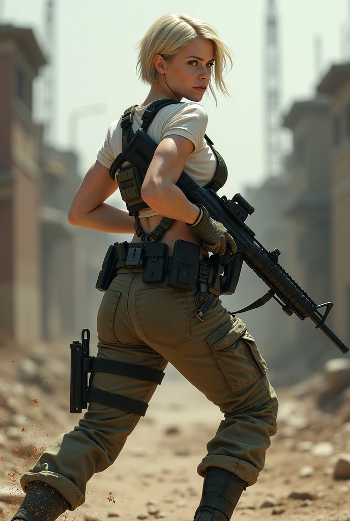 Caucasian Chica, Short blonde hair, blue eyes, high, strong, big legs and thick thighs, with white blouse, camouflage pants, and military boots, with a gun in his hand, stained with blood. with dirt on clothes. backwards