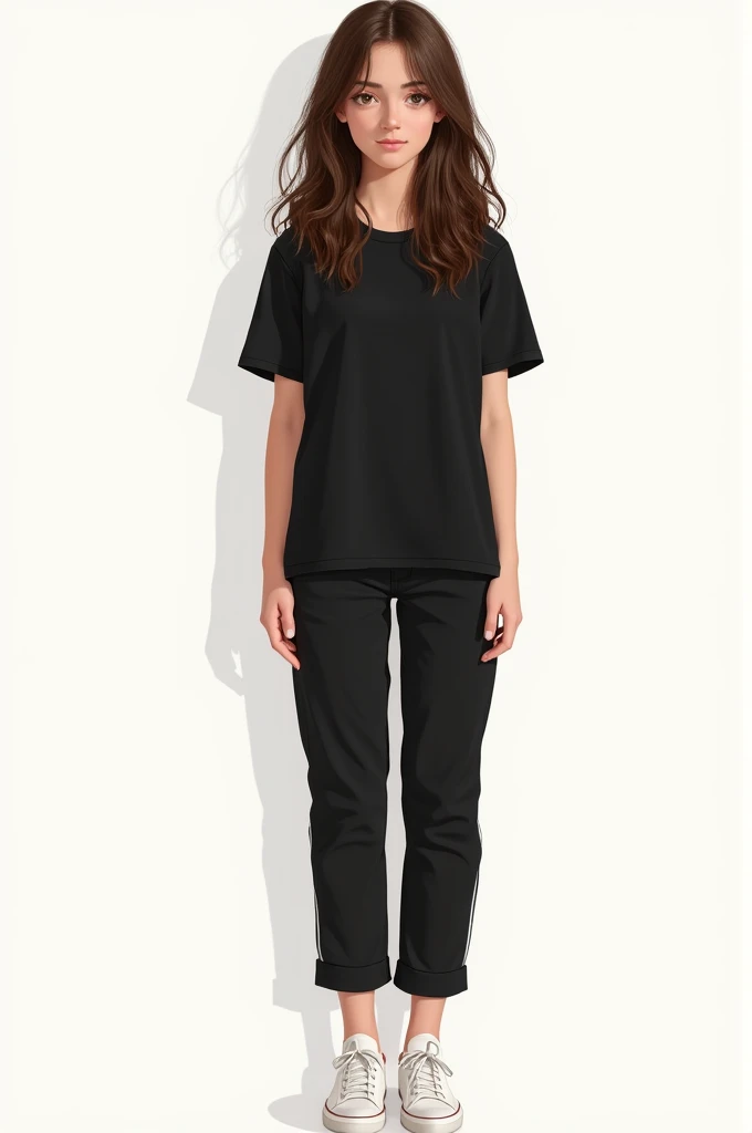 A brunette teenage woman with long brown hair wearing a black shirt and black pants with white tennis shoes