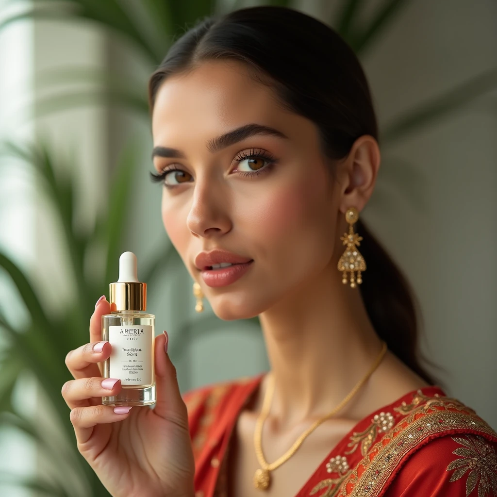 pakistani model holding 30 ml serum bottle in her hand,