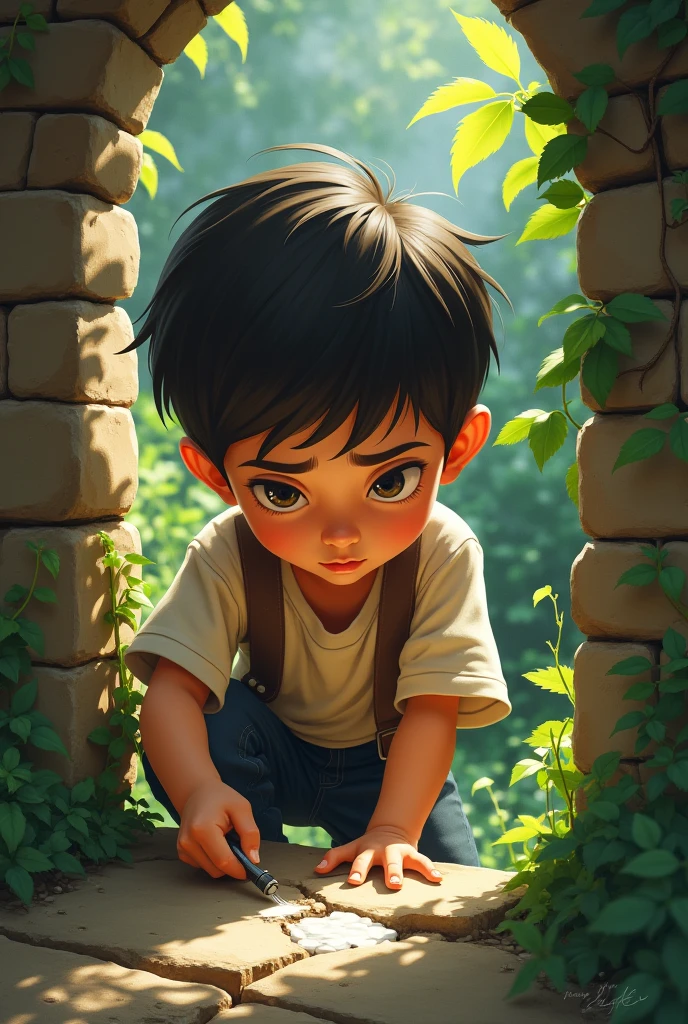 A boy digging a crack in a garden wall to make it bigger 