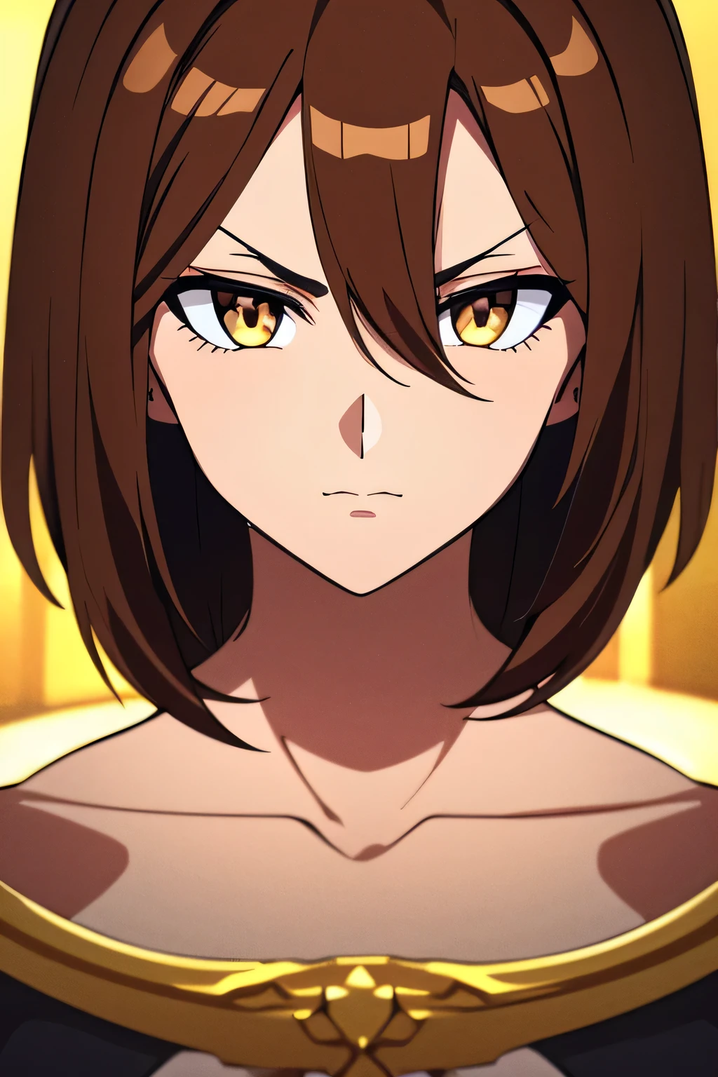 (quality:4K,8k), 1 woman, alone, (cheveux courts, Brown hair), golden eyes, slight dissatisfaction.