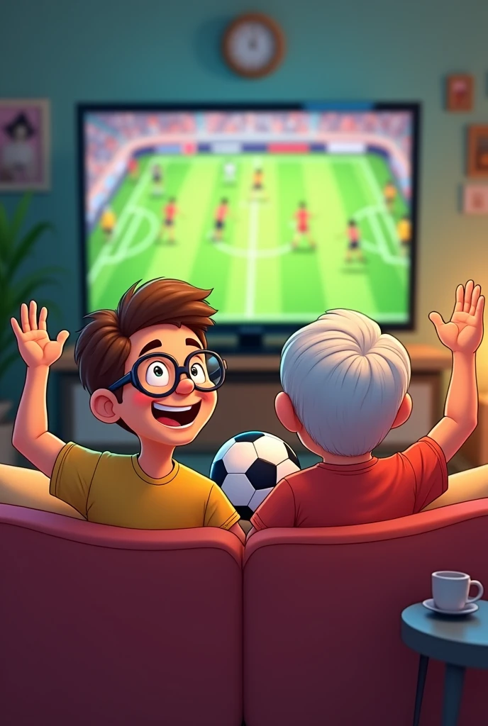 A cartoon style image of a man sitting on the couch with his grandfather with a soccer ball watching a game on television, They are both happy and rooting for each other a lot