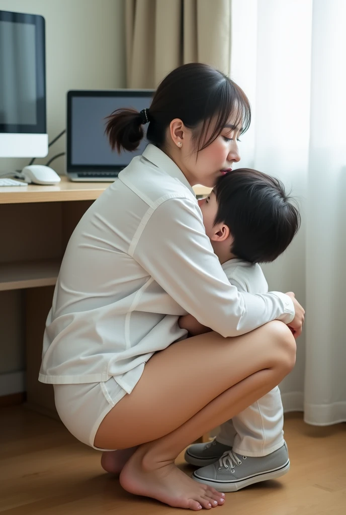 japanese woman in her 40s , large breasts, slatternly figure, facial wrinkles, squatting, white panties, office lady, buttocks, white shirt, 1 boy, licking pennis